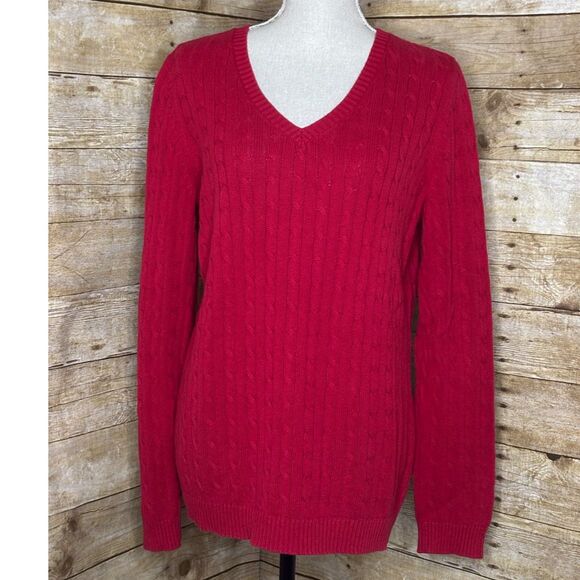 ANN TAYLOR LOFT CASUAL CLASSIC MODIST EVERYDAY RED CABLE KNIT V-NECK SWEATER. - Picture 1 of 5